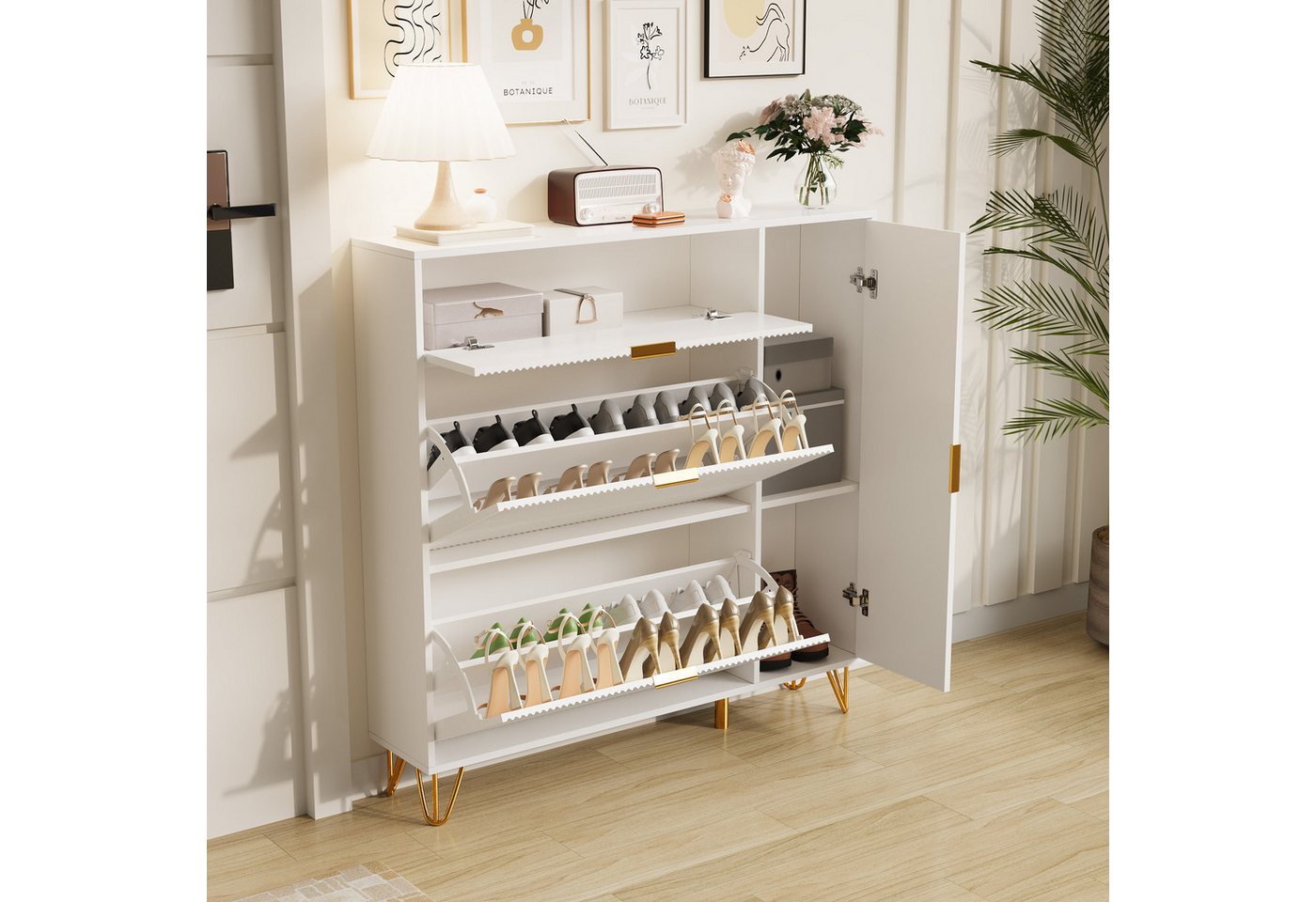 NMCXXO Schuhschrank Schuhregal weiß mit goldenen Akzenten, 3 Fächer und Tür von NMCXXO