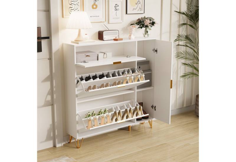 NMCXXO Schuhschrank Schuhregal weiß mit goldenen Akzenten, 3 Fächer und Tür von NMCXXO