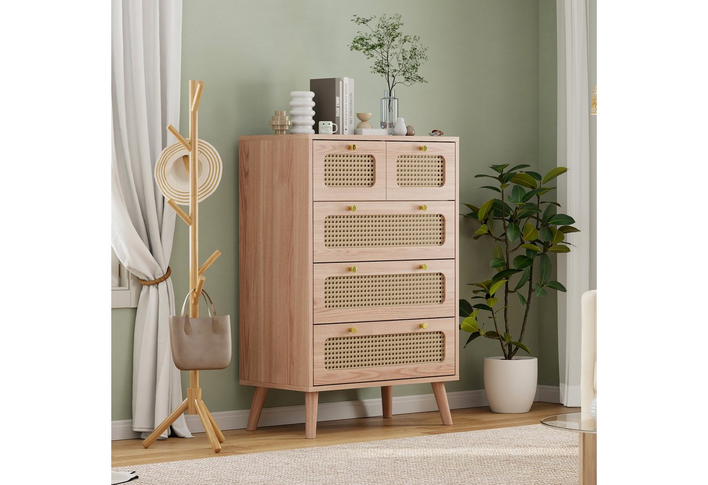 NMCXXO Sideboard Modernes Sideboard aus Holz mit Rattan-Elementen und 5 Schubladen (Set, 1 tlg), Praktisch und stilvoll – Ideal für jedes Wohnzimmer oder Schlafzimmer von NMCXXO