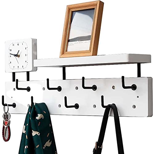 Kleiderbügel-Wandhalterung mit Regalen, Wandgarderobe mit Ablagefach, Wandgarderobe aus Holz mit Metallhaken, Lochplatten-Design von NMHTJ