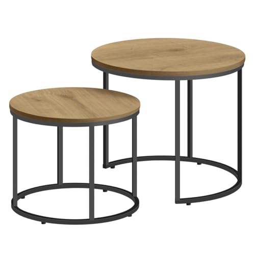 NMK HOME 2er Set Couchtische – Rund – Eiche Schwarz – Industrial Design – platzsparend Nesting Couchtisch – Wohnzimmer Schlafzimmer Büro von NMK HOME
