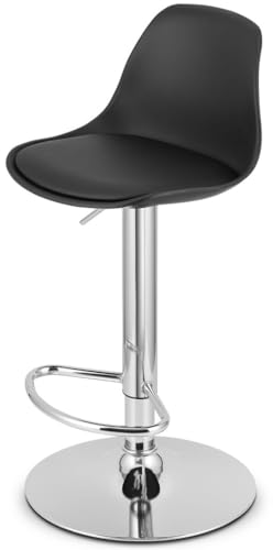 NMK HOME Eleganter Schwarzer Barhocker mit Höhenverstellung und verchromtem Fuß, Bequemer Sitz aus Polypropylen mit Kissen aus Kunstleder (Schwarz/Chrom, 1 Stück) von NMK HOME