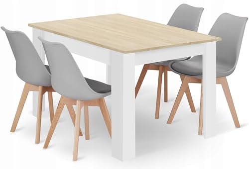 NMK HOME Essgruppe Esstisch Rechteckig 120 x 80 cm mit 4 Graue Stühlen - Esszimmerstühle 4er Set mit einem Kissen aus Kunstleder und Buchenholzbeinen von NMK HOME
