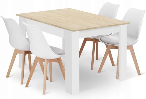 NMK HOME Essgruppe Esstisch Rechteckig 120 x 80 cm mit 4 Weiße Stühlen - Esszimmerstühle 4er Set mit einem Kissen aus Kunstleder und Buchenholzbeinen von NMK HOME