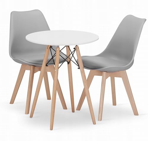 NMK HOME Essgruppe Esstisch Rund Ф 60 cm mit 2 Graue Stühlen - Esszimmerstühle 2er Set mit einem Kissen aus Kunstleder und Buchenholzbeinen von NMK HOME