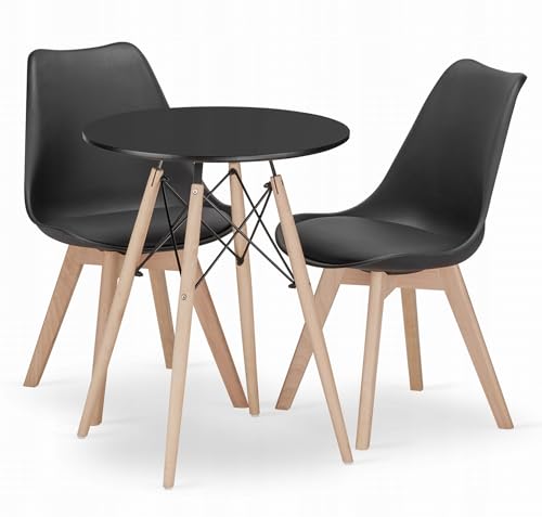 NMK HOME Essgruppe Esstisch Rund Ф 60 cm mit 2 Schwarze Stühlen - Esszimmerstühle 2er Set mit einem Kissen aus Kunstleder und Buchenholzbeinen von NMK HOME