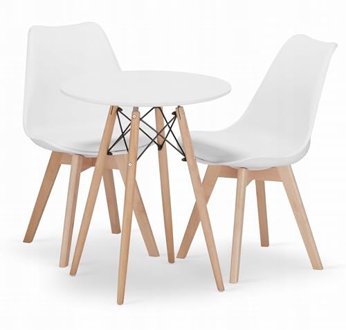 NMK HOME Essgruppe Esstisch Rund Ф 60 cm mit 2 Weißen Stühlen - Esszimmerstühle 2er Set mit einem Kissen aus Kunstleder und Buchenholzbeinen von NMK HOME