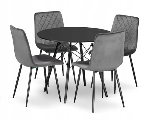 NMK HOME Essgruppe Esstisch Rund Ф 80 cm mit 4 Dunkelgraue Stühlen - Samt Esszimmerstühle 4er Set mit Schwarzen Metallbeinen von NMK HOME