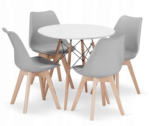NMK HOME Essgruppe Esstisch Rund Ф 80 cm mit 4 Grauen Stühlen - Esszimmerstühle 4er Set mit einem Kissen aus Kunstleder und Buchenholzbeinen von NMK HOME