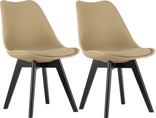 NMK HOME Esszimmerstühle 2er Set - Samt Küchenstuhl mit Sitzpolsterung und Natürlichen Holzbeinen - Dunkelbeige Kunststoff Stuhl mit Holzgestell von NMK HOME