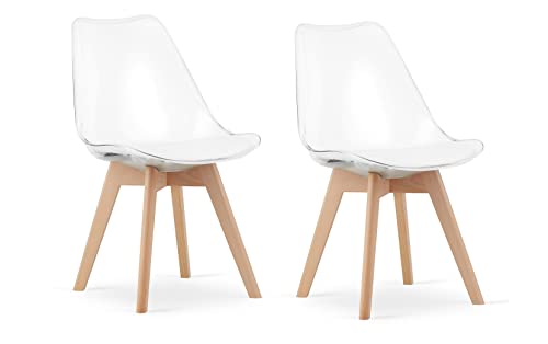 NMK HOME Esszimmerstühle 2er Set - Samt Stühle Esszimmer - Küchenstühle mit Sitzpolsterung und Natürlichen Holzbeinen - Transparent Kunststoff Stühle mit Holzgestell von NMK HOME