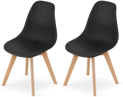 NMK HOME Esszimmerstühle 2er Set – Schwarze Kunststoffstühle mit Holzbeinen, Skandinavischer Stil, Bequem und Robust, für Küche, Esszimmer, Büro – Einfache Selbstmontage von NMK HOME