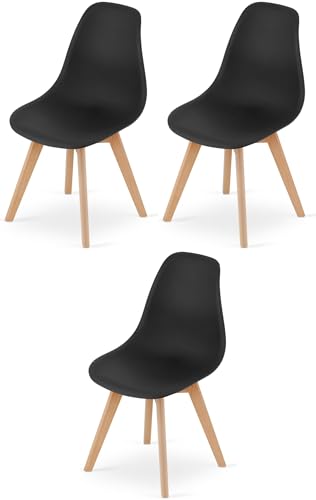 NMK HOME Esszimmerstühle 3er Set – Schwarze Kunststoffstühle mit Holzbeinen, Skandinavischer Stil, für Küche, Esszimmer, Büro – Komfortabel und Stabil von NMK HOME