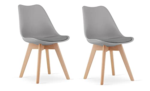 NMK HOME Esszimmerstühle 2er Set - Samt Stühle Esszimmer - Küchenstühle mit Sitzpolsterung und Natürlichen Holzbeinen - Grau Kunststoff Stühle mit Holzgestell von NMK HOME