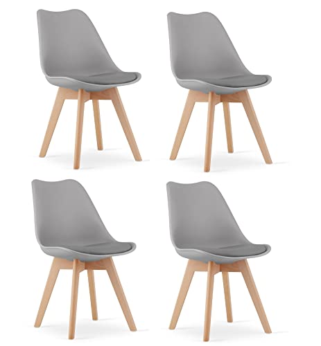 NMK HOME Esszimmerstühle 4er Set - Samt Stühle Esszimmer - Küchenstühle mit Sitzpolsterung und Natürlichen Holzbeinen - Grau Kunststoff Stühle mit Holzgestell von NMK HOME