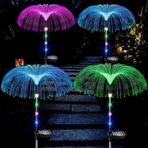 NMM Solar Garten Lichter Outdoor Wasserdicht, 4 Pack 7 Farbe Wechselnde Upgraded Solarbetriebene Quallen Lichtwellenleiter Licht für Hof Patio Weg Rasen Party Dekorative von NMM