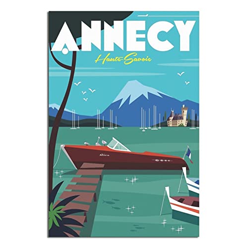 NMNM Annecy Speedboat Frankreich Vintage Reiseposter Leinwand Kunst Wanddekoration Poster Bild Druck Gemälde Poster Geschenk 20 x 30 cm von NMNM