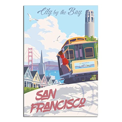 San Francisco Skyline Streetcar Vintage Reiseposter Leinwandkunst Wand-Dekor Poster Bild Druck Gemälde Poster Geschenk 50 x 75 cm von NMNM