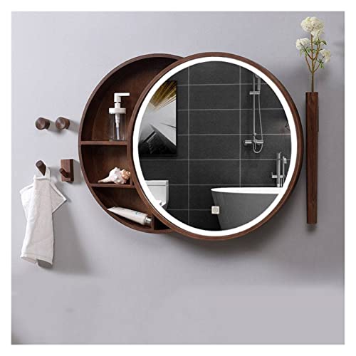 NMNMNM LED Spiegelschrank mit Touch-Schalter, runder Wandspiegel aus Holz, moderner dekorativer 3-lagiger Regale, Schminkspiegel, Badezimmerschrankspiegel für Badezimmer, Küche, Schlafzimmer von NMNMNM