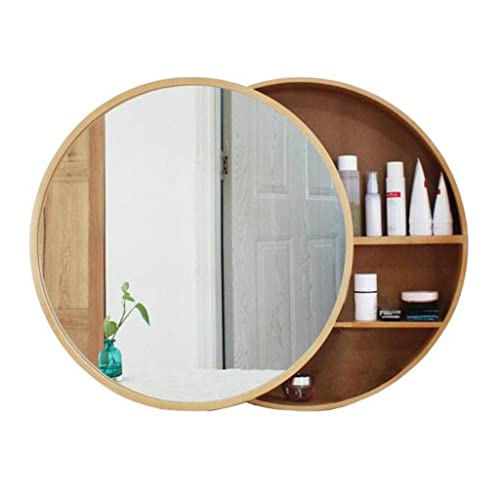 NMNMNM Runder Badezimmerspiegel, Wandschrank mit Spiegel für Zuhause, Badezimmerspiegel aus Massivholz mit Ablagen (Holz 50 cm) von NMNMNM