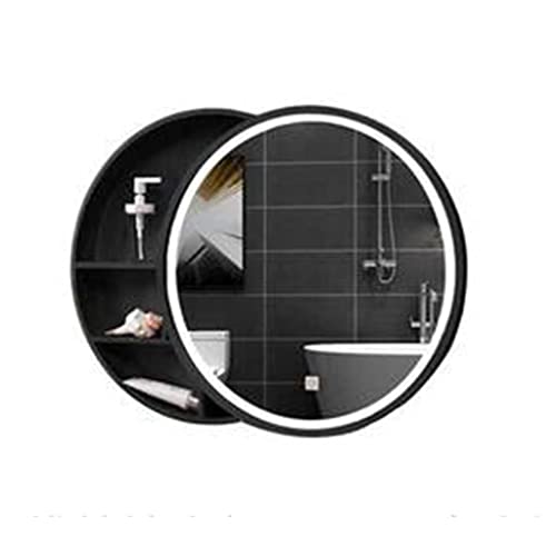 Schiebetürenschrank Badezimmerspiegel Massivholz-Spiegelschrank mit Licht Smart Anti-Fog Storage Badschrank Wandspiegel rund (schwarz 60cm) von NMNMNM