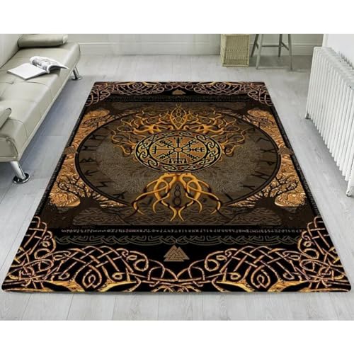 Ethnischer Wikinger-Teppich Für Wohnzimmer, Waschbarer, Rutschfester Flanell-Retro-Teppich, Walhalla-Odin-Teppich, Nordischer Mythologischer Teppich, Fußmatte(Color:Style5,Size:80 * 120CM) von NMVAWIPT