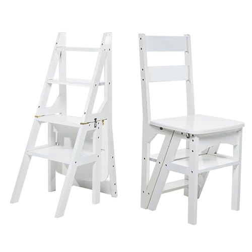 NMVAWIPT 2-in-1-Klappleiterstuhl Aus Massivholz – Multifunktionaler Tritthocker Und Ausstellungsregal(White) von NMVAWIPT