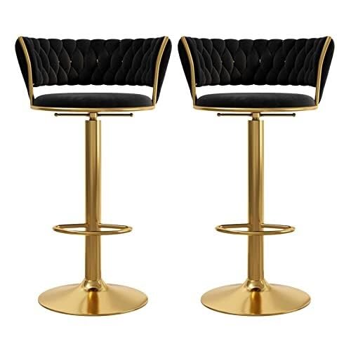 NMVAWIPT 2er-Set Moderne Barhocker Aus Samt Mit Gewebter Rückenlehne, 360° Drehbar Metallfuß, Höhenverstellbar for Kücheninsel, Café, Pub(Black-Gold Leg) von NMVAWIPT