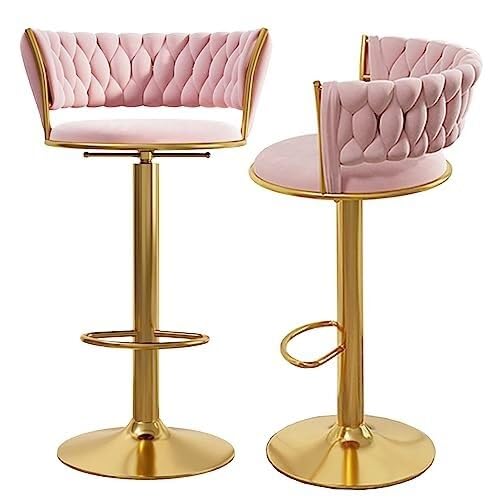 NMVAWIPT 2er-Set Moderne Barhocker Aus Samt Mit Gewebter Rückenlehne, 360° Drehbar Metallfuß, Höhenverstellbar for Kücheninsel, Café, Pub(Pink-Gold Leg) von NMVAWIPT