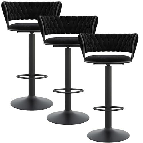 NMVAWIPT 3 Stück Barhocker Mit Samtpolsterung, Moderner Thekenhocker Mit Rückenlehne Und Schwarzer Fußstütze, Höhenverstellbar 25,6"-31,5"(Black,Black Leg) von NMVAWIPT