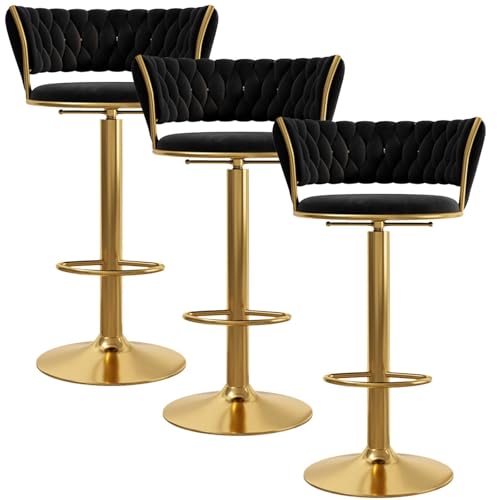 NMVAWIPT 3 Stück Barhocker Mit Samtpolsterung, Moderner Thekenhocker Mit Rückenlehne Und Schwarzer Fußstütze, Höhenverstellbar 25,6"-31,5"(Black,Gold Leg) von NMVAWIPT