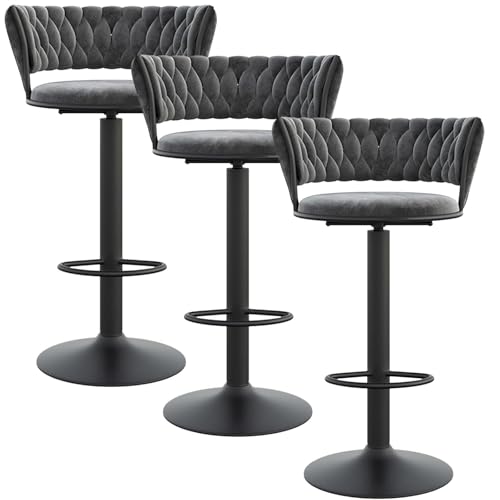NMVAWIPT 3 Stück Barhocker Mit Samtpolsterung, Moderner Thekenhocker Mit Rückenlehne Und Schwarzer Fußstütze, Höhenverstellbar 25,6"-31,5"(Gray,Black Leg) von NMVAWIPT