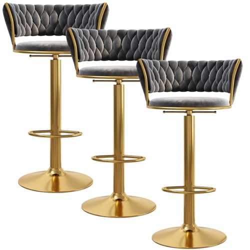 NMVAWIPT 3 Stück Barhocker Mit Samtpolsterung, Moderner Thekenhocker Mit Rückenlehne Und Schwarzer Fußstütze, Höhenverstellbar 25,6"-31,5"(Gray,Gold Leg) von NMVAWIPT