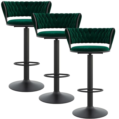 NMVAWIPT 3 Stück Barhocker Mit Samtpolsterung, Moderner Thekenhocker Mit Rückenlehne Und Schwarzer Fußstütze, Höhenverstellbar 25,6"-31,5"(Green,Black Leg) von NMVAWIPT