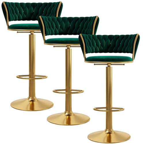 NMVAWIPT 3 Stück Barhocker Mit Samtpolsterung, Moderner Thekenhocker Mit Rückenlehne Und Schwarzer Fußstütze, Höhenverstellbar 25,6"-31,5"(Green,Gold Leg) von NMVAWIPT