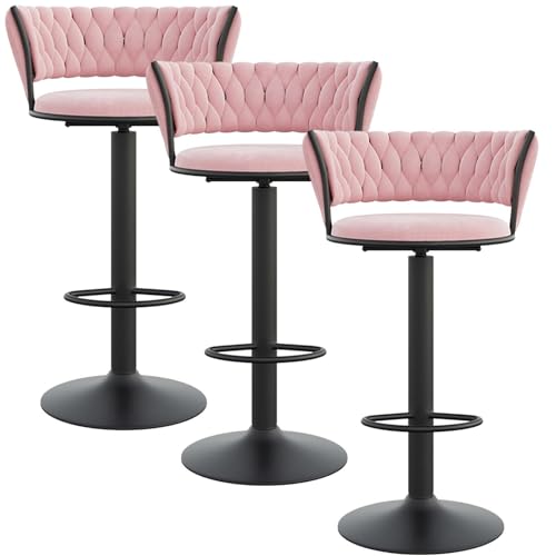 NMVAWIPT 3 Stück Barhocker Mit Samtpolsterung, Moderner Thekenhocker Mit Rückenlehne Und Schwarzer Fußstütze, Höhenverstellbar 25,6"-31,5"(Pink,Black Leg) von NMVAWIPT