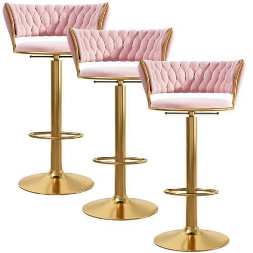 NMVAWIPT 3 Stück Barhocker Mit Samtpolsterung, Moderner Thekenhocker Mit Rückenlehne Und Schwarzer Fußstütze, Höhenverstellbar 25,6"-31,5"(Pink,Gold Leg) von NMVAWIPT