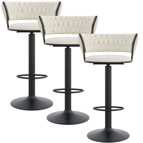 NMVAWIPT 3 Stück Barhocker Mit Samtpolsterung, Moderner Thekenhocker Mit Rückenlehne Und Schwarzer Fußstütze, Höhenverstellbar 25,6"-31,5"(White,Black Leg) von NMVAWIPT