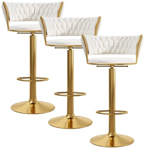 NMVAWIPT 3 Stück Barhocker Mit Samtpolsterung, Moderner Thekenhocker Mit Rückenlehne Und Schwarzer Fußstütze, Höhenverstellbar 25,6"-31,5"(White,Gold Leg) von NMVAWIPT
