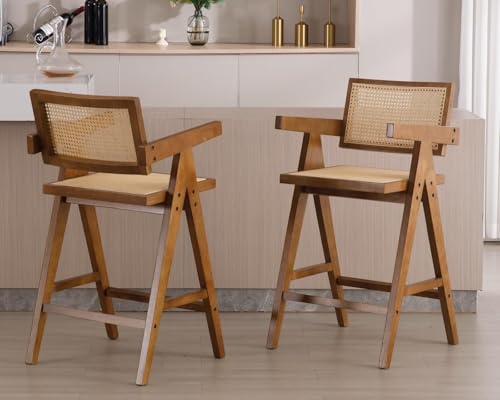 NMVAWIPT Barhocker Aus Holz Und Rattan, 2er-Set, 26 Zoll Thekenhöhe for Die Frühstücksbar In Der Kücheninsel von NMVAWIPT