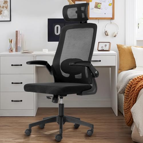 NMVAWIPT Bürostuhl Mit Lordosenstütze Und Verstellbarer Kopfstütze, Atmungsaktives Netzgewebe + Hochklappbare Armlehnen + Anpassungen, Gaming-Stuhl(Black) von NMVAWIPT