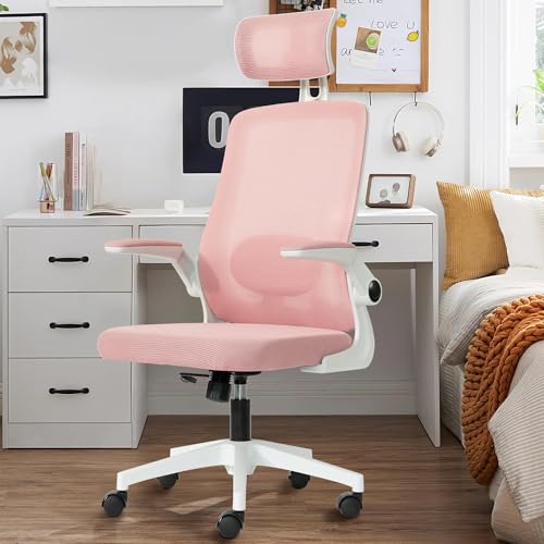 NMVAWIPT Bürostuhl Mit Lordosenstütze Und Verstellbarer Kopfstütze, Atmungsaktives Netzgewebe + Hochklappbare Armlehnen + Anpassungen, Gaming-Stuhl(Pink) von NMVAWIPT
