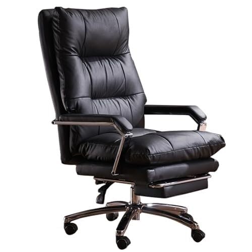 NMVAWIPT Chefsessel, Computer-Komfort-Drehstuhl Aus Echtem Leder Mit 90°-170°-Neigung Der Rückenlehne, Einziehbare Fußstütze(Black) von NMVAWIPT