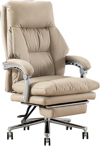 NMVAWIPT Chefsessel Aus Echtem Leder Mit Einziehbarer Fußstütze, Verstellbarer Neigung Und Höhe – Ergonomischer Drehstuhl for Zuhause Oder Die Arbeit(Light Khaki) von NMVAWIPT