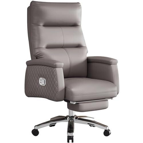NMVAWIPT Chefsessel – Ergonomischer Computerstuhl Aus Echtem Leder Mit Einziehbarer Fußstütze, 135° Neigung, Verstellbarer Höhe Und Kopfstütze(Gray) von NMVAWIPT