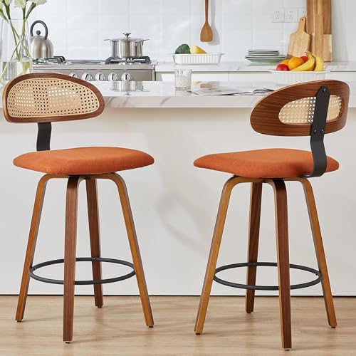 NMVAWIPT Drehbare Barhocker Mit Rattan-Rückenlehne, 2er-Set, 26 Zoll Gepolsterter Sitz, Mid Century Modern Holzrahmen(Brown,Set of 2) von NMVAWIPT