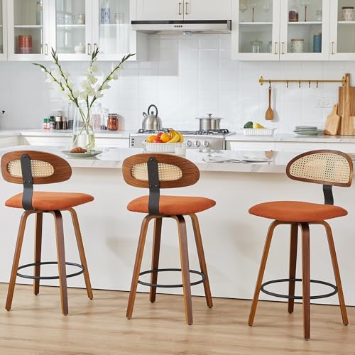 NMVAWIPT Drehbare Barhocker Mit Rattan-Rückenlehne, 2er-Set, 26 Zoll Gepolsterter Sitz, Mid Century Modern Holzrahmen(Brown,Set of 3) von NMVAWIPT