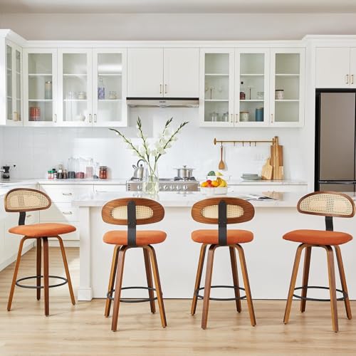 NMVAWIPT Drehbare Barhocker Mit Rattan-Rückenlehne, 2er-Set, 26 Zoll Gepolsterter Sitz, Mid Century Modern Holzrahmen(Brown,Set of 4) von NMVAWIPT