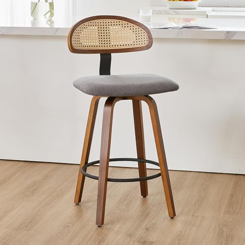 NMVAWIPT Drehbare Barhocker Mit Rattan-Rückenlehne, 2er-Set, 26 Zoll Gepolsterter Sitz, Mid Century Modern Holzrahmen(Dark Gray,Set of 1) von NMVAWIPT