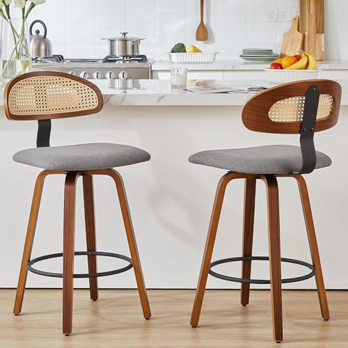 NMVAWIPT Drehbare Barhocker Mit Rattan-Rückenlehne, 2er-Set, 26 Zoll Gepolsterter Sitz, Mid Century Modern Holzrahmen(Dark Gray,Set of 2) von NMVAWIPT